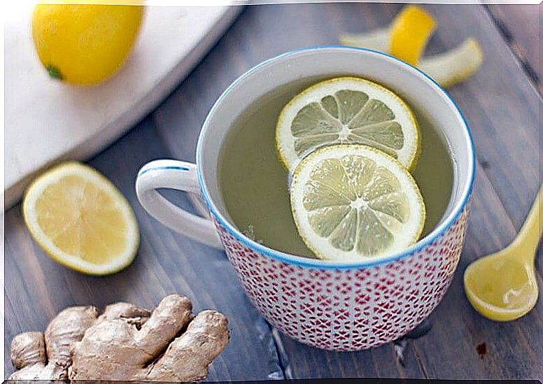 Infusion with lemon and ginger branch.